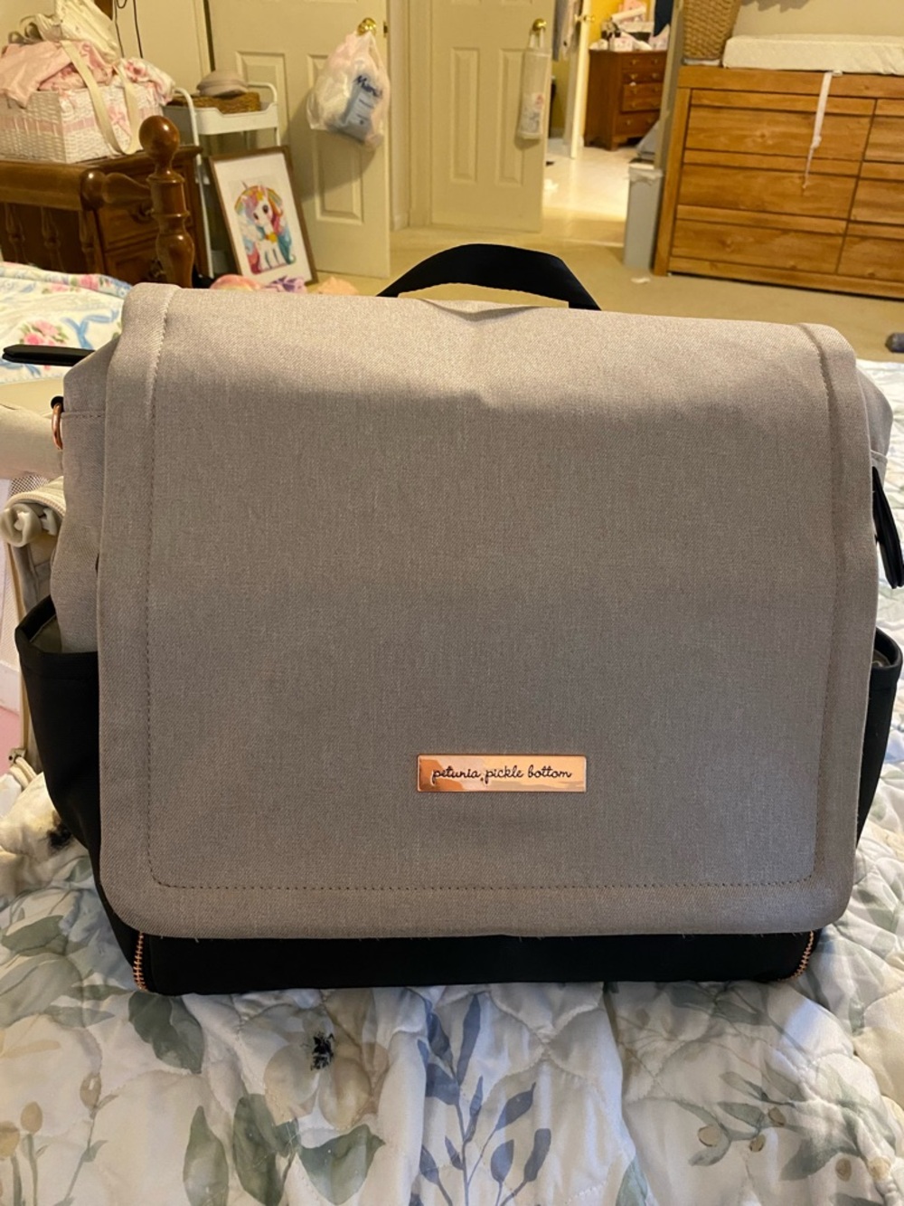 Petunia Pickle Bottom diaper back pack in Gray and Black